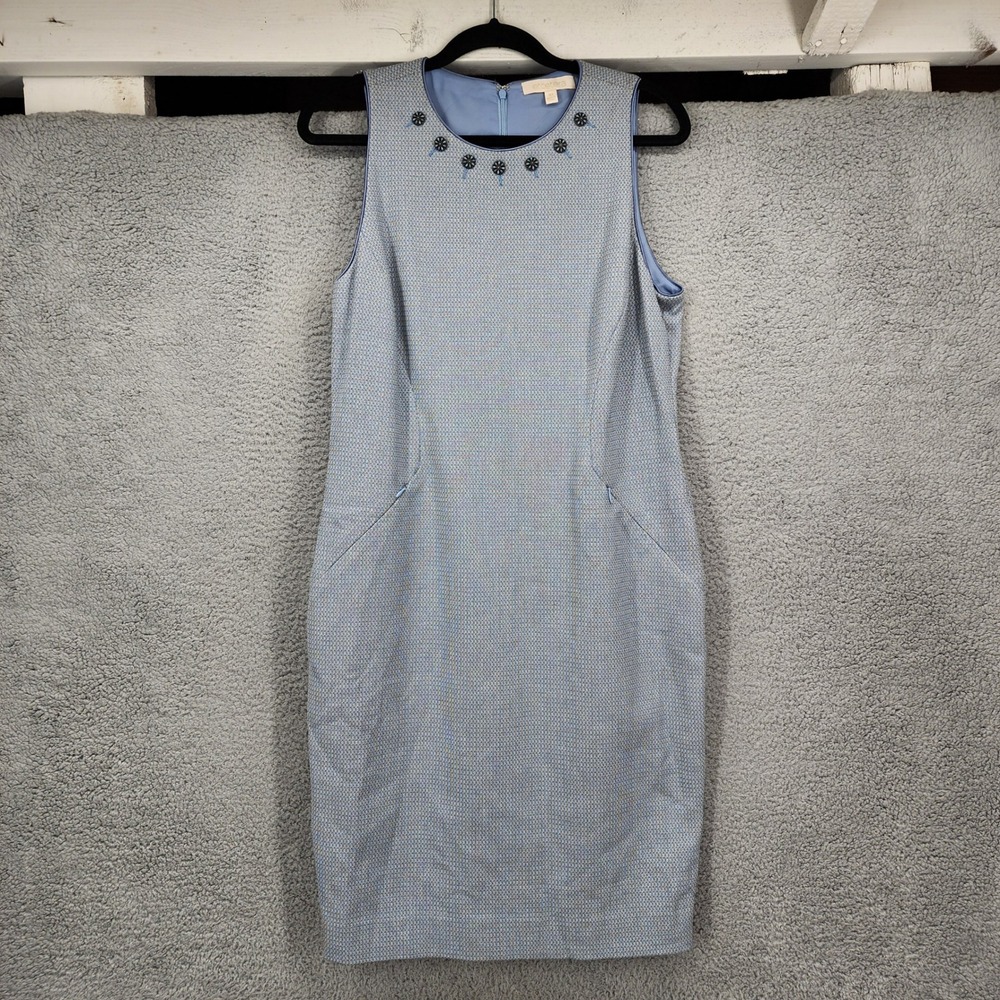 Etcetera Blue Textured Sleeveless Beaded Neckline Sheath Dress Size 10